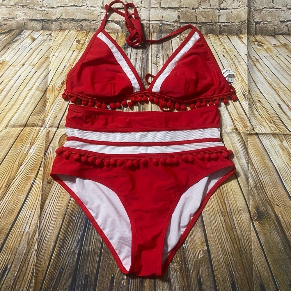 COCOSHIP Red and White Two-Piece Pom-Pom Bikini